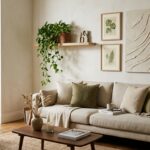 Chic minimalist living room with modern DIY wall decor ideas under $30 including textured canvas art, framed botanicals, and floating wooden shelf