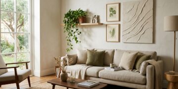 Chic minimalist living room with modern DIY wall decor ideas under $30 including textured canvas art, framed botanicals, and floating wooden shelf