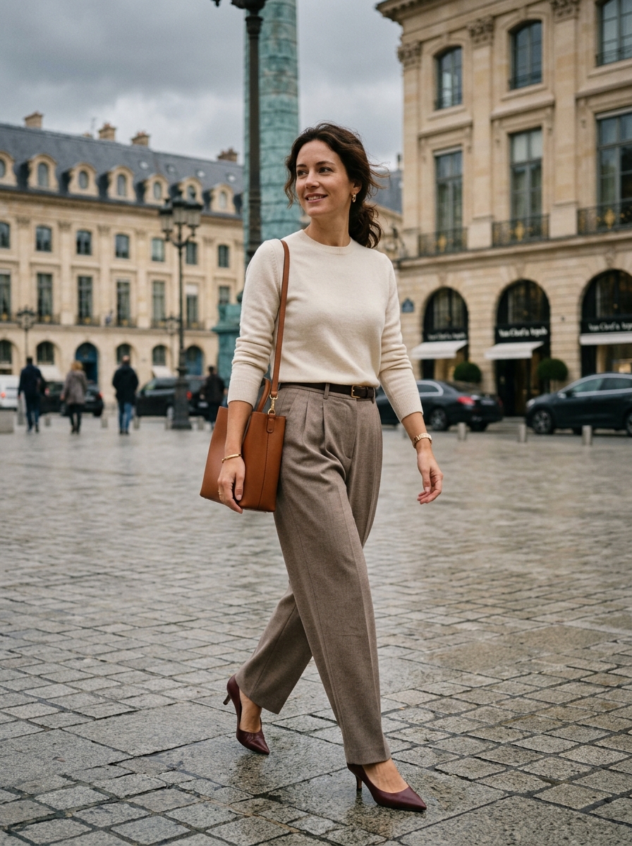 Woman wearing cream cashmere sweater, high-waisted taupe pleated trousers, and burgundy kitten heels in Paris