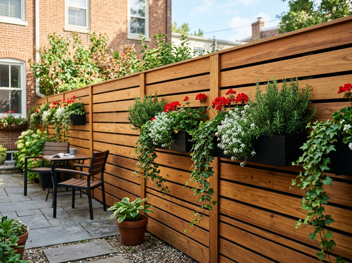 Modern horizontal cedar wood slat privacy wall in small backyard with black powder-coated planter boxes overflowing with ivy, geraniums, and rosemary