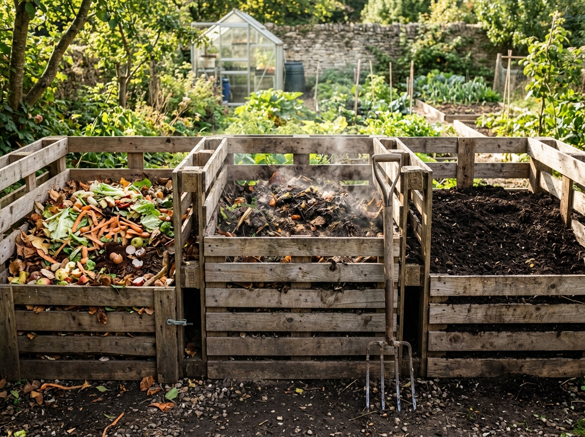 Classic three-bin wooden pallet compost system in a sunny garden with fresh scraps, active steaming compost, finished dark soil, and pitchfork