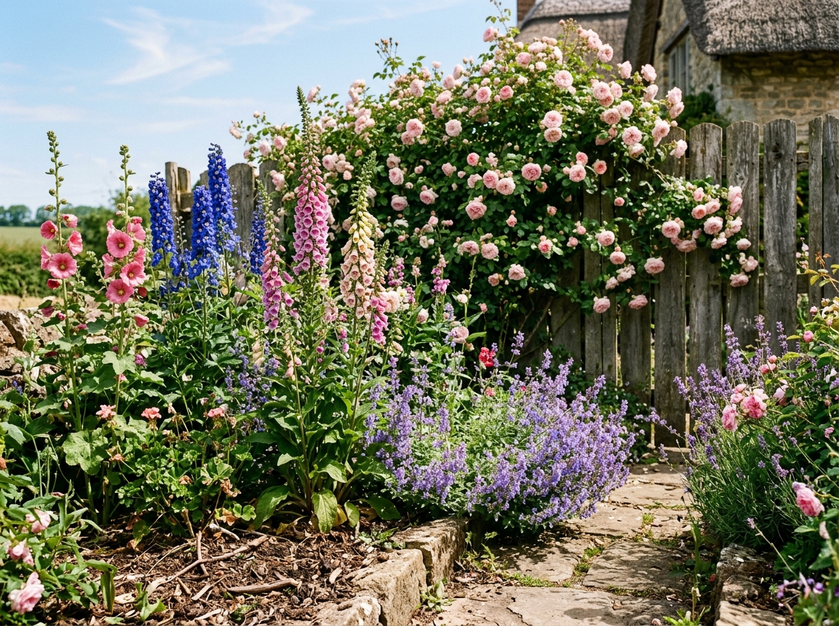 Classic English cottage flower garden border in full direct sun with David Austin roses, delphiniums, foxgloves, and lavender spilling onto stone path