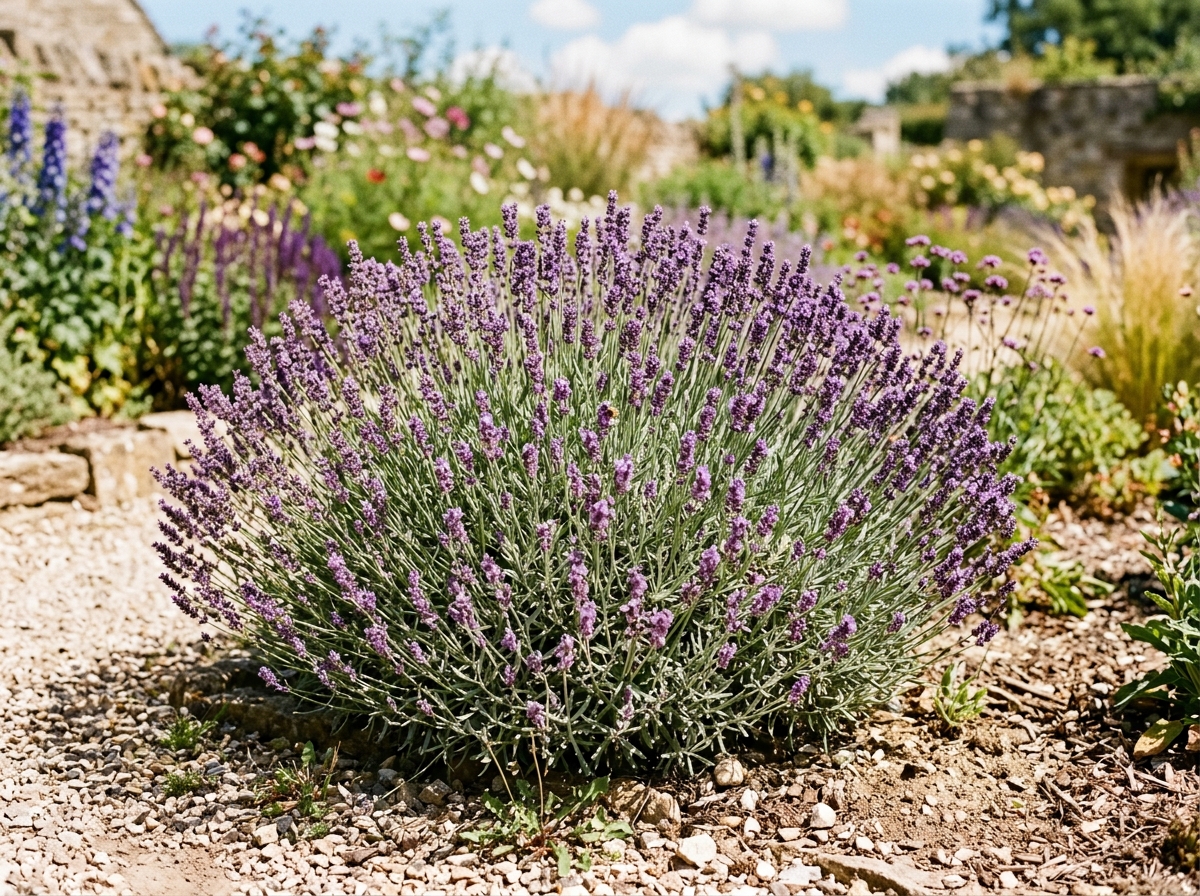Dense rounded mound of fragrant purple English lavender Munstead thriving in dry crushed limestone gravel under bright summer sun