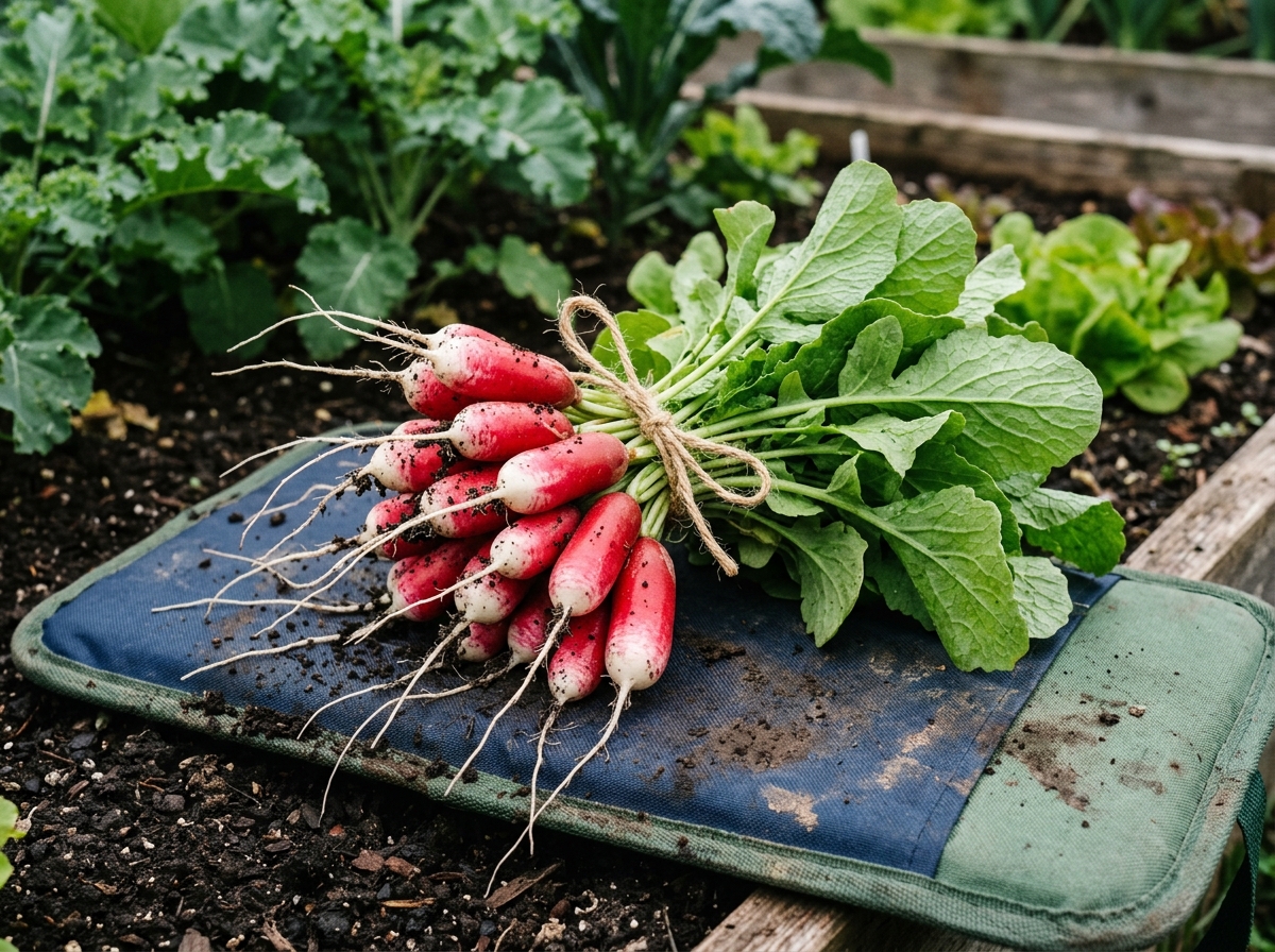 Freshly pulled French Breakfast radishes with scarlet bodies and white tips on garden kneeling board