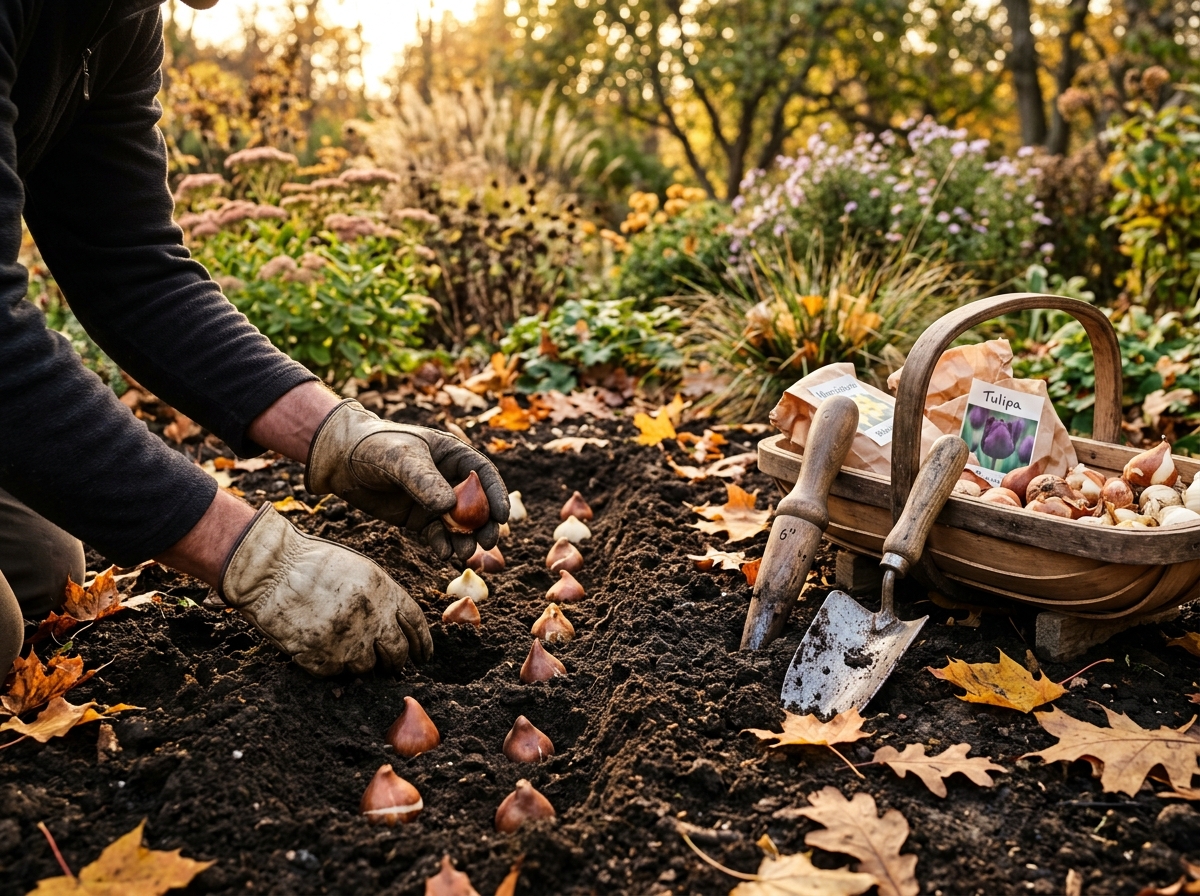 Gardener planting daffodil and tulip bulbs in rich autumn garden soil with a bulb planter tool
