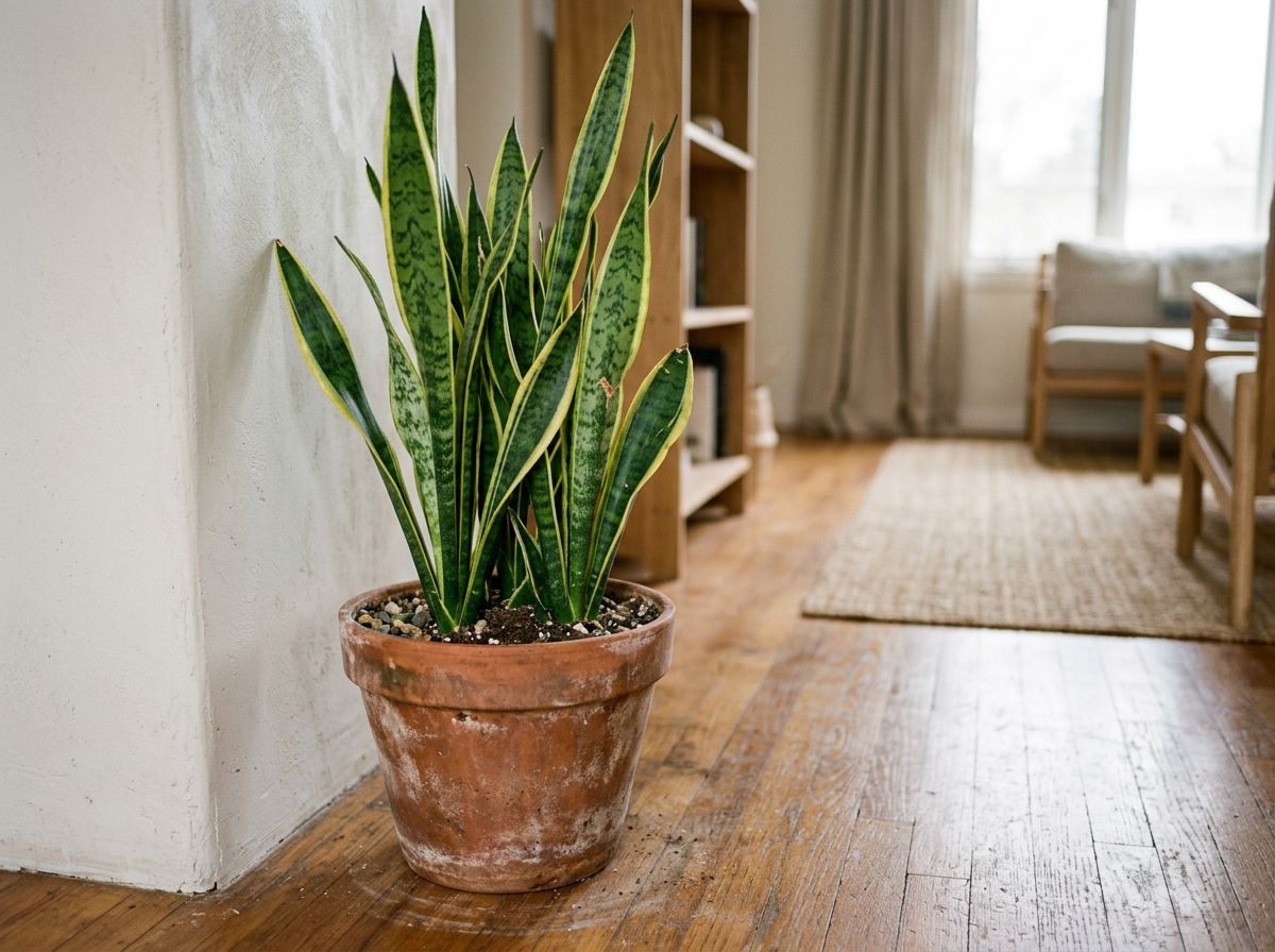 Variegated snake plant in aged terracotta pot on wooden floor beside white wall in natural light - hard to kill housepla