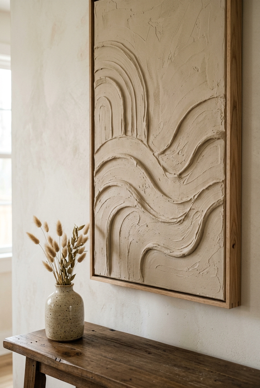 DIY textured plaster canvas wall art made with joint compound and warm beige paint in a slim oak wood frame