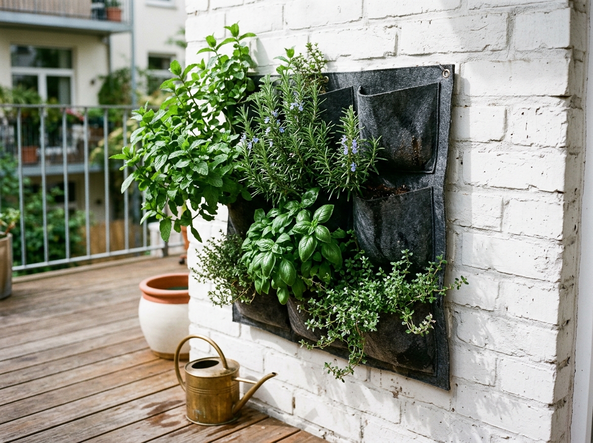 Vertical living wall pocket planter bursting with fresh culinary herbs