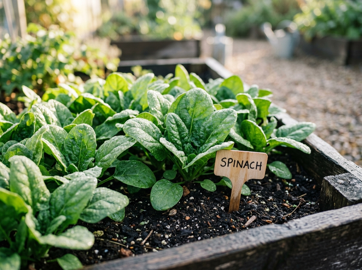 Lush raised bed of baby spinach with morning dew drops and wooden garden label in organic soil