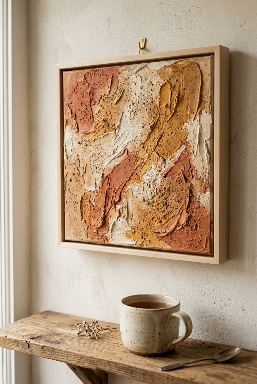 DIY baking soda and acrylic textured painting on stretched canvas with porous earthenware stoneware texture in terracotta and cream