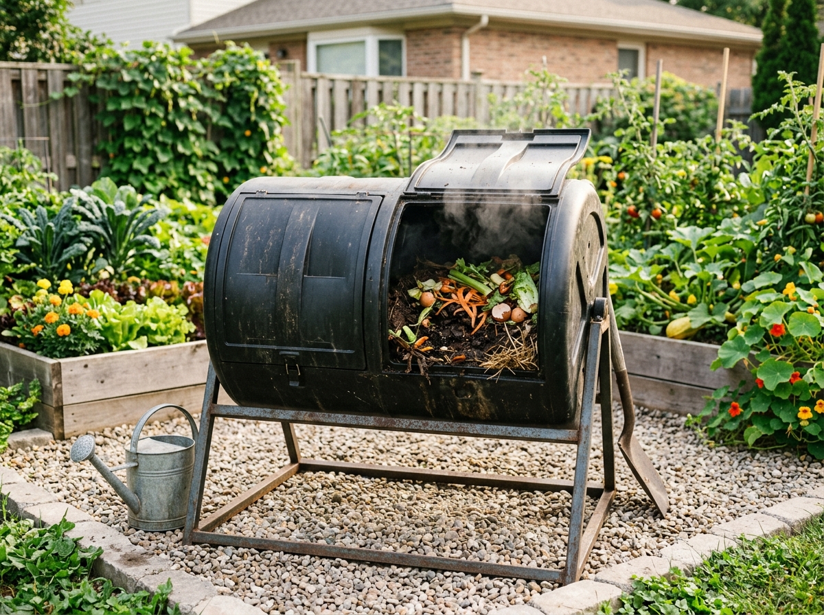 Dual-chamber black plastic tumbling composter on steel stand in a suburban garden with steaming half-decomposed scraps and watering can