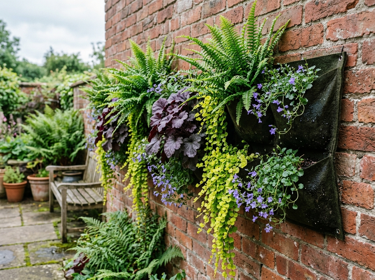 Living felt pocket green wall mounted on brick courtyard wall filled with lush emerald Boston ferns, purple heuchera, creeping jenny, and blue campanula