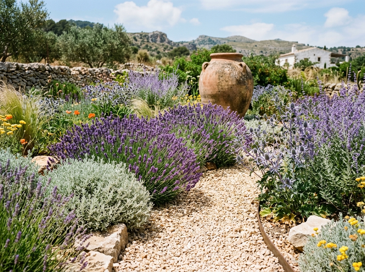Mediterranean gravel garden in full sun with mounds of purple English lavender, silver santolina, sea holly, and terracotta urn in crushed limestone