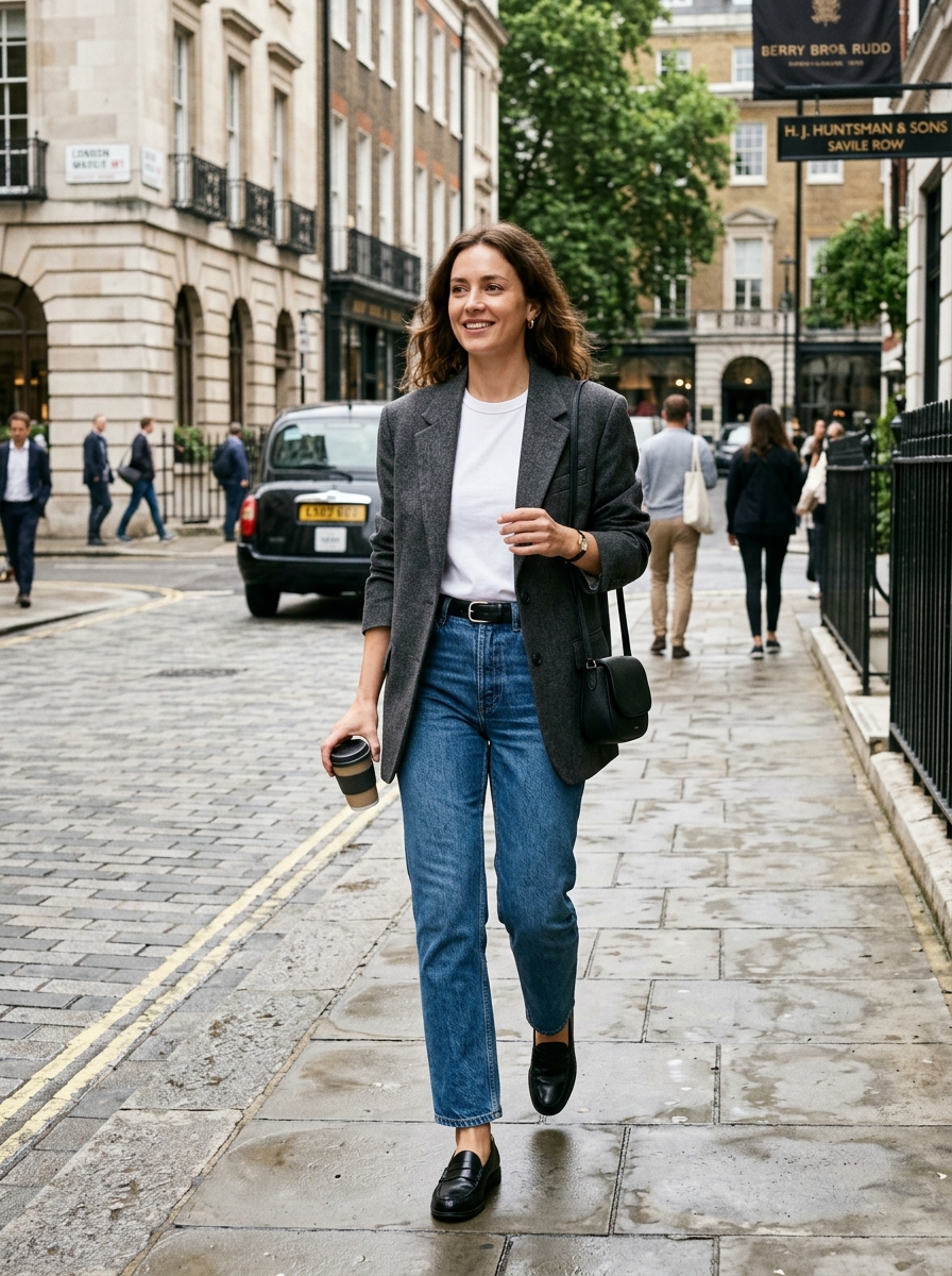 Chic street style with oversized charcoal grey wool blazer, white crewneck t-shirt, straight leg denim, and black loafers