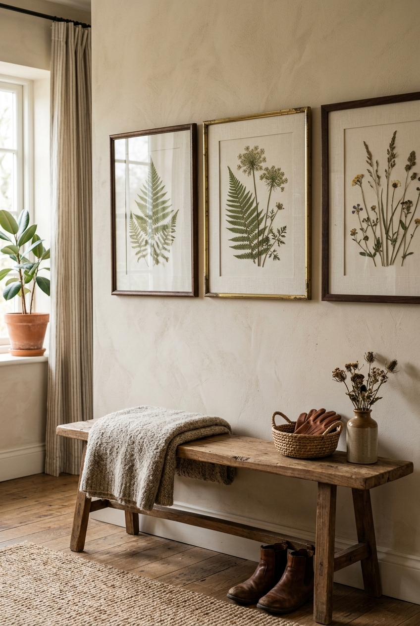 Curated DIY pressed botanical fern gallery wall in thrifted vintage brass frames above a rustic entryway bench