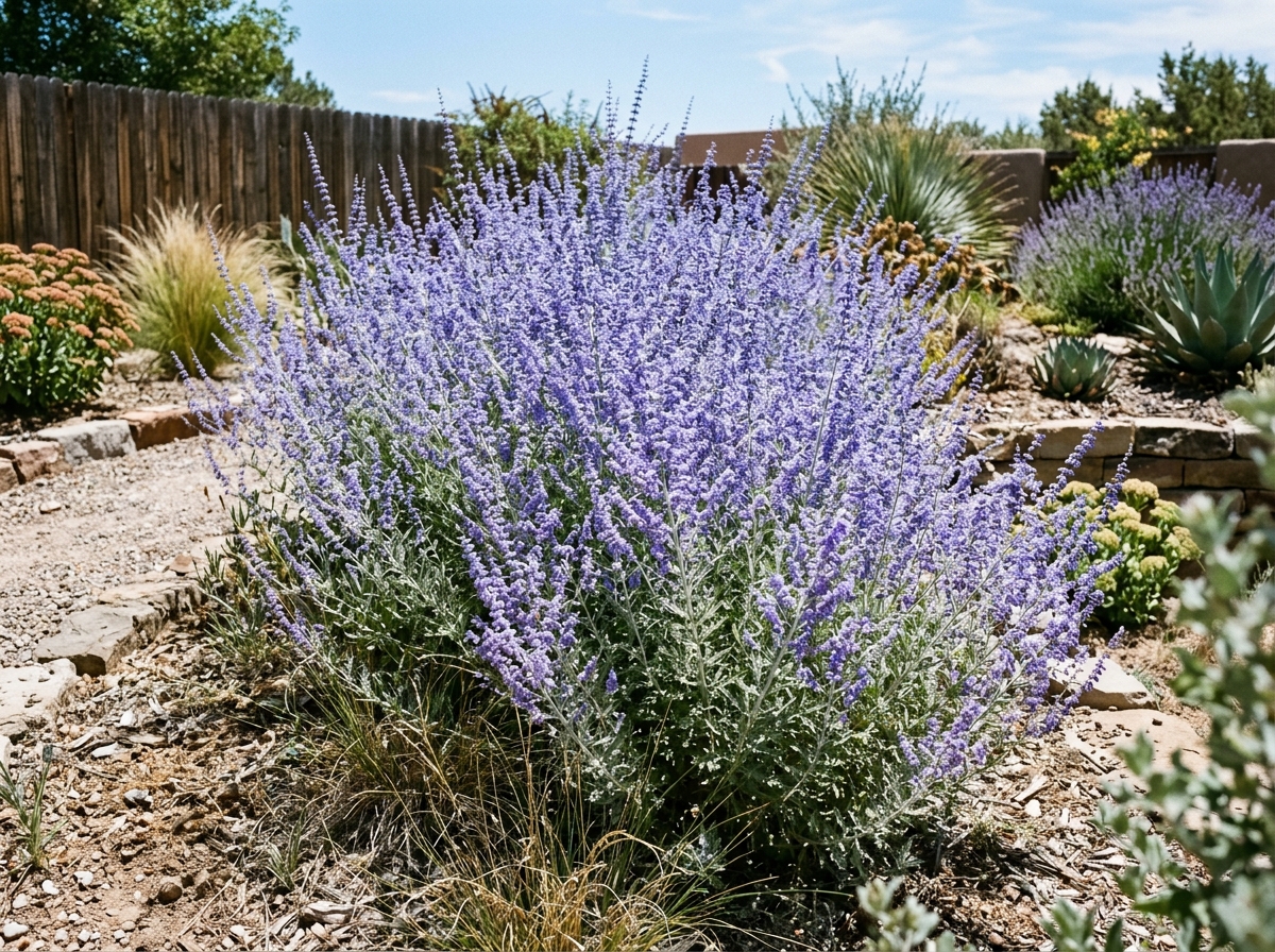 Billowing mass of Russian Sage Salvia yangii with airy lavender-blue flower plumes and silver-white aromatic foliage in arid garden border