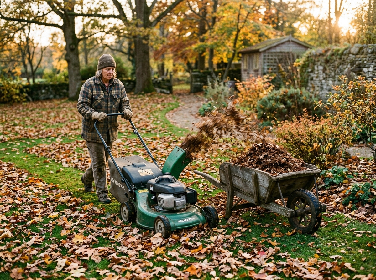 Gardener shredding dry autumn leaves with a rotary mower into a burlap sack for soil leaf mold mulch