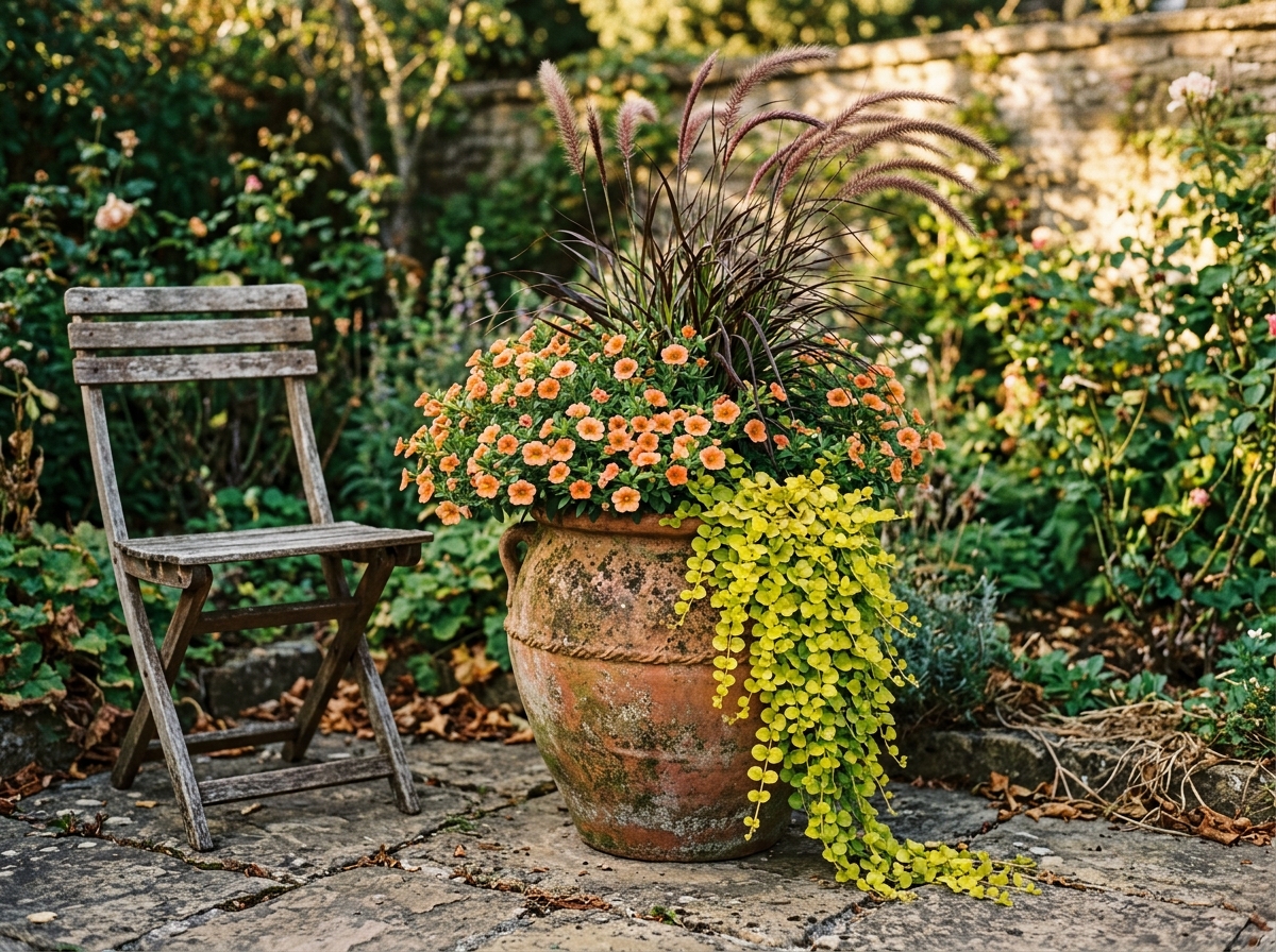 Large weathered terracotta urn with thriller filler spiller fountain grass and calibrachoa