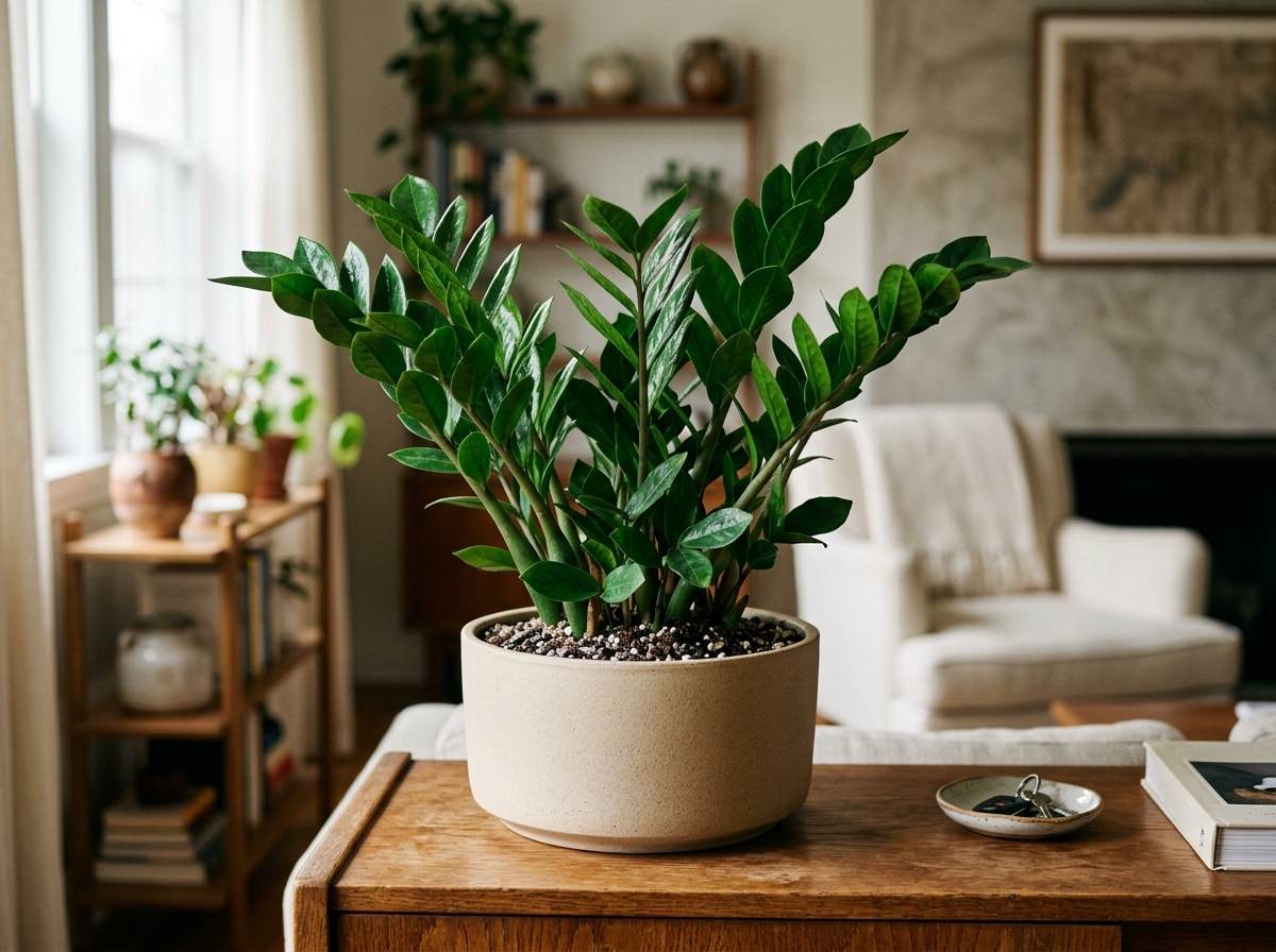 Glossy green ZZ plant in modern matte ceramic bowl on oak table with cozy living room background