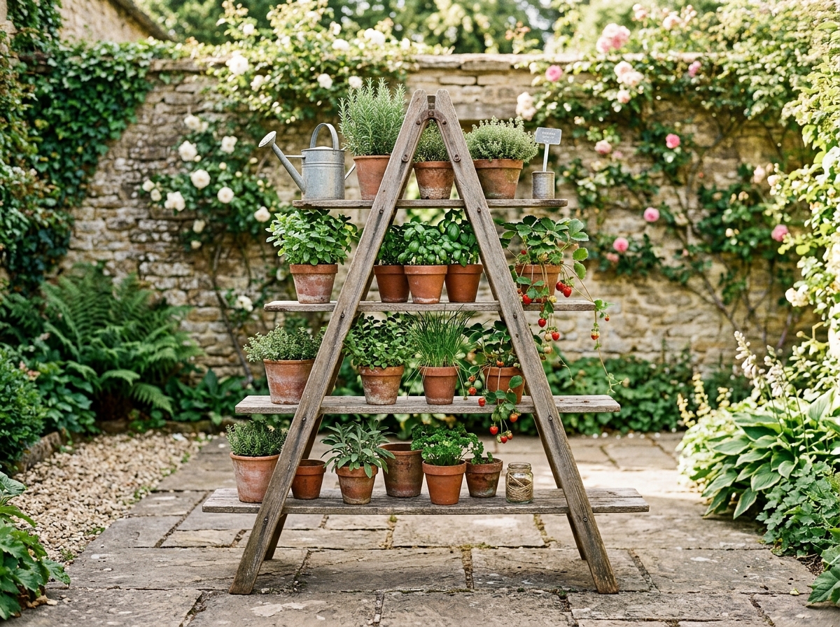 Centered wide-angle photo of a rustic A-frame wooden ladder shelf on flagstone patio holding aged terracotta pots of culinary herbs and strawberries