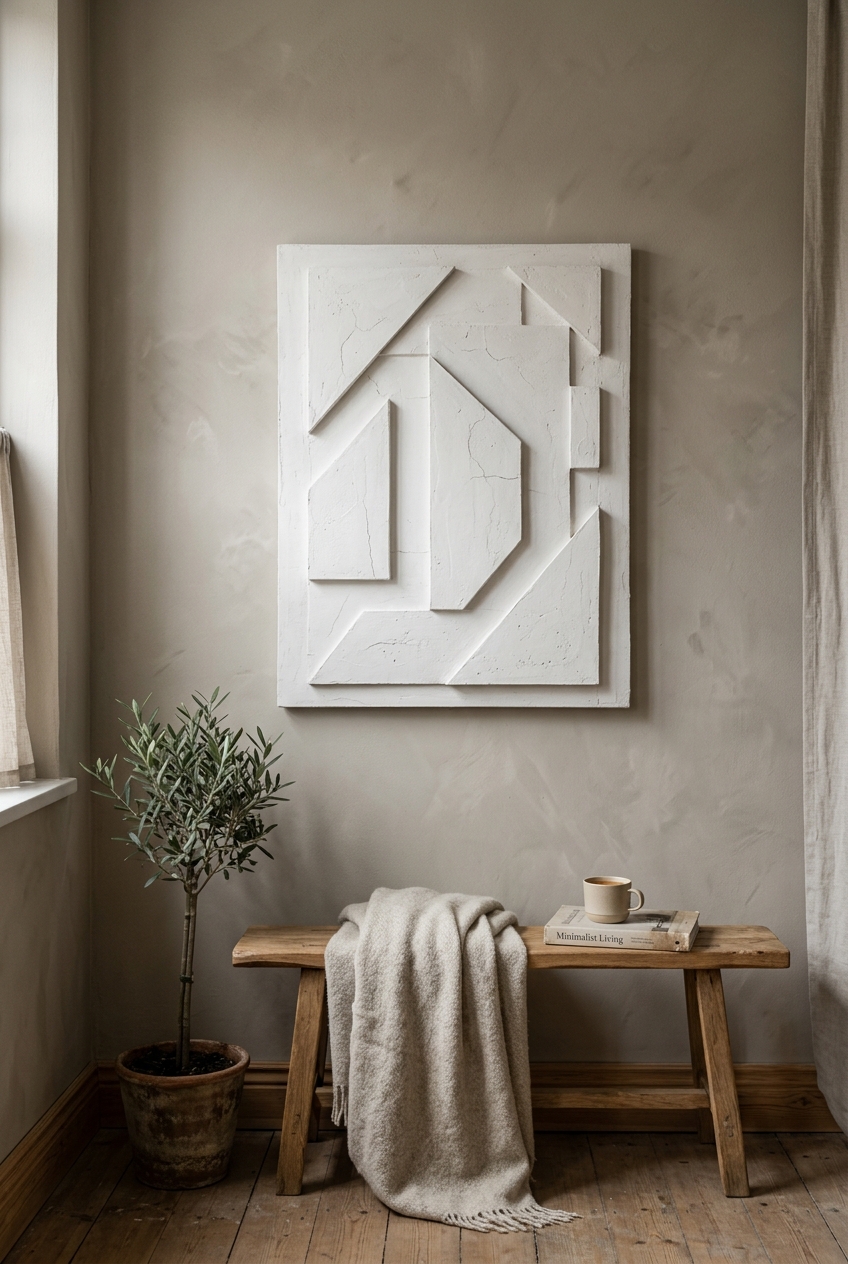 Modern DIY 3D geometric relief wall plaque made from layered cardboard architectural shapes coated in chalky white spackle