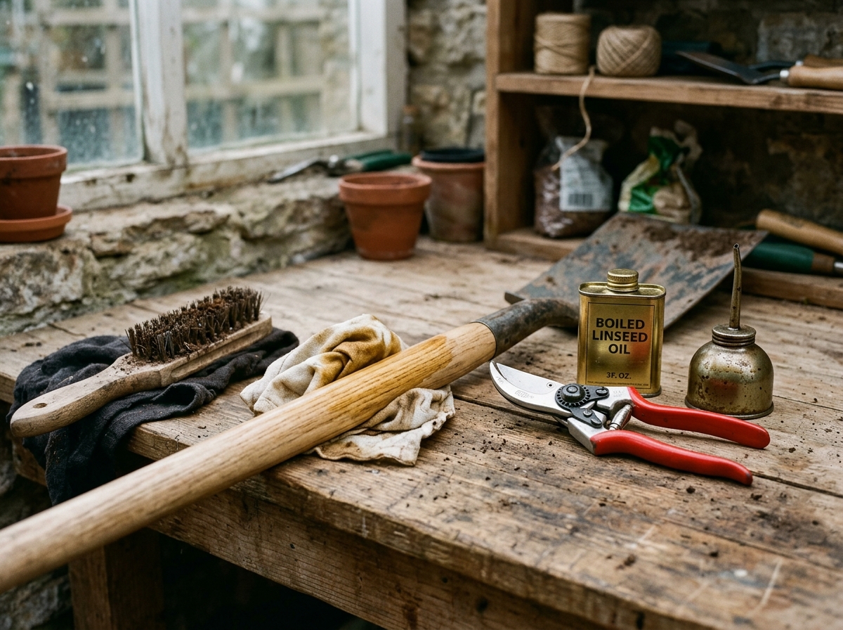 Pruning shears, spades, and whetstone being oiled with camellia oil on a wooden garden workbench