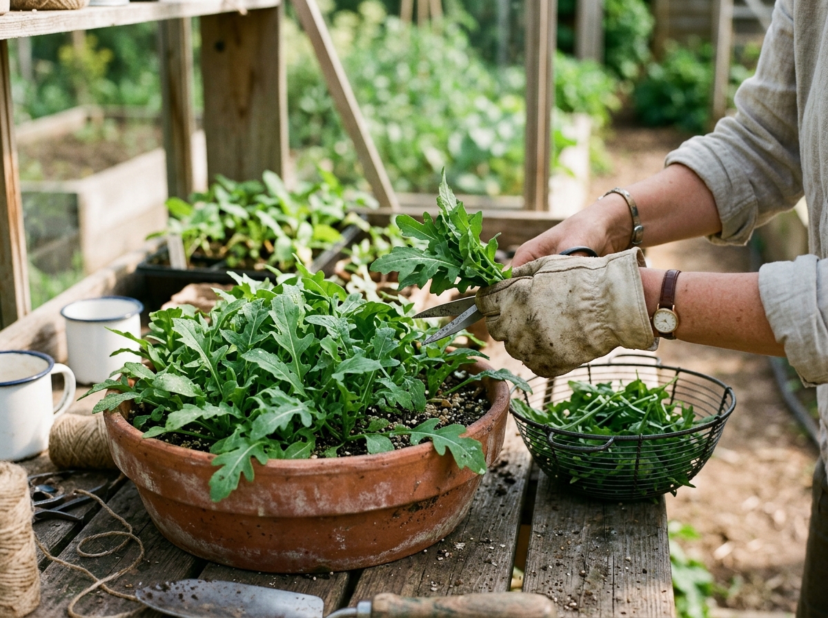 Gardener in canvas gloves snipping fresh wild arugula leaves from terracotta bowl into wire basket