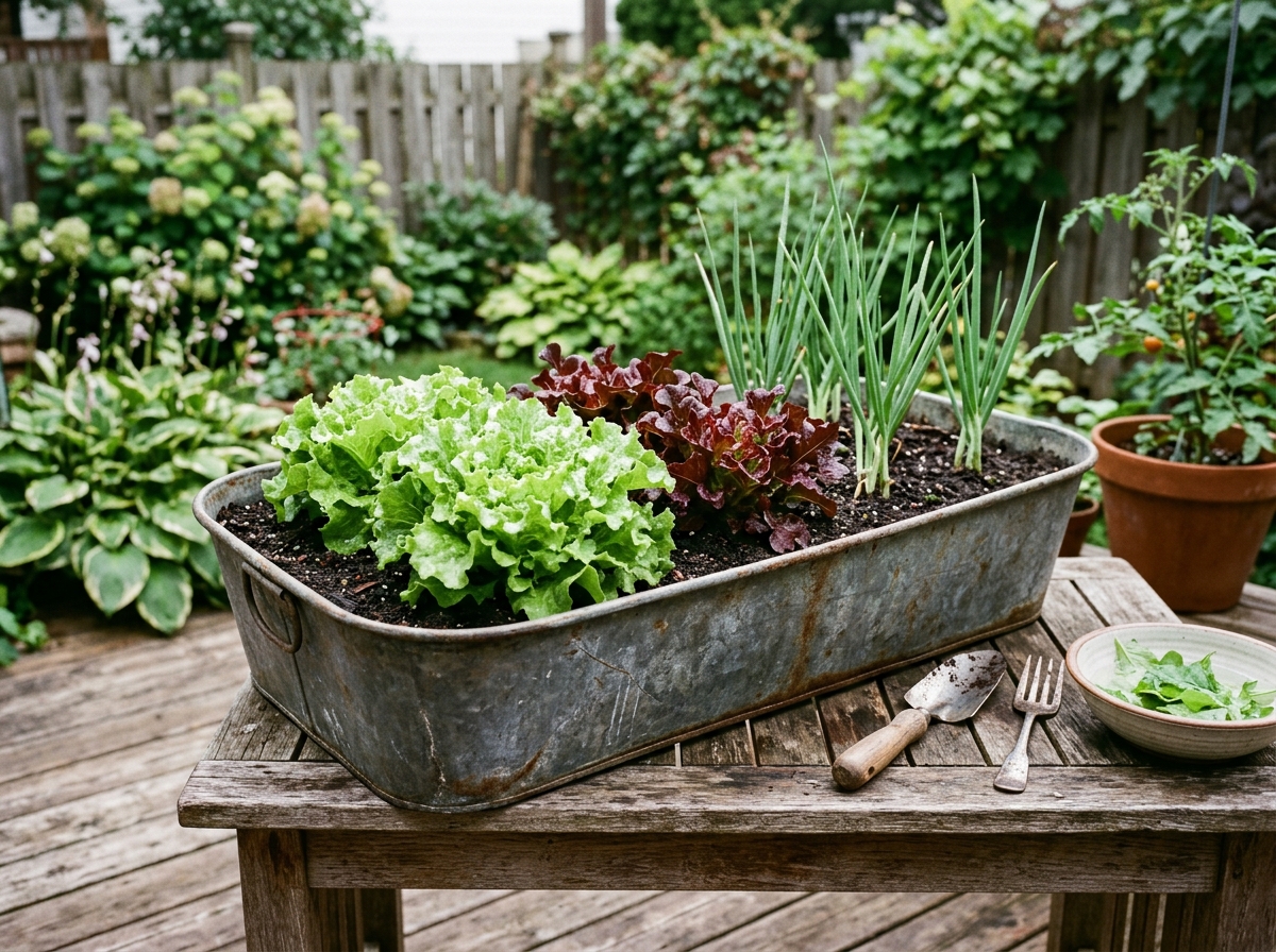 Galvanized steel trough planter growing fresh salad greens and scallions on patio table