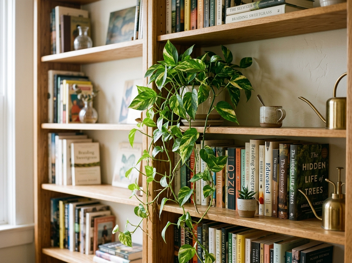 Golden Pothos cascading lush variegated vines over a natural light-oak bookshelf with real books