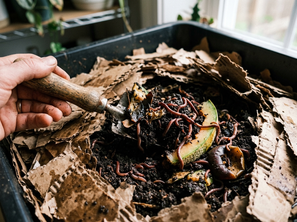 Indoor vermicomposting worm bin with damp shredded cardboard bedding gently pulled back revealing rich black worm castings and healthy red wiggler earthworms