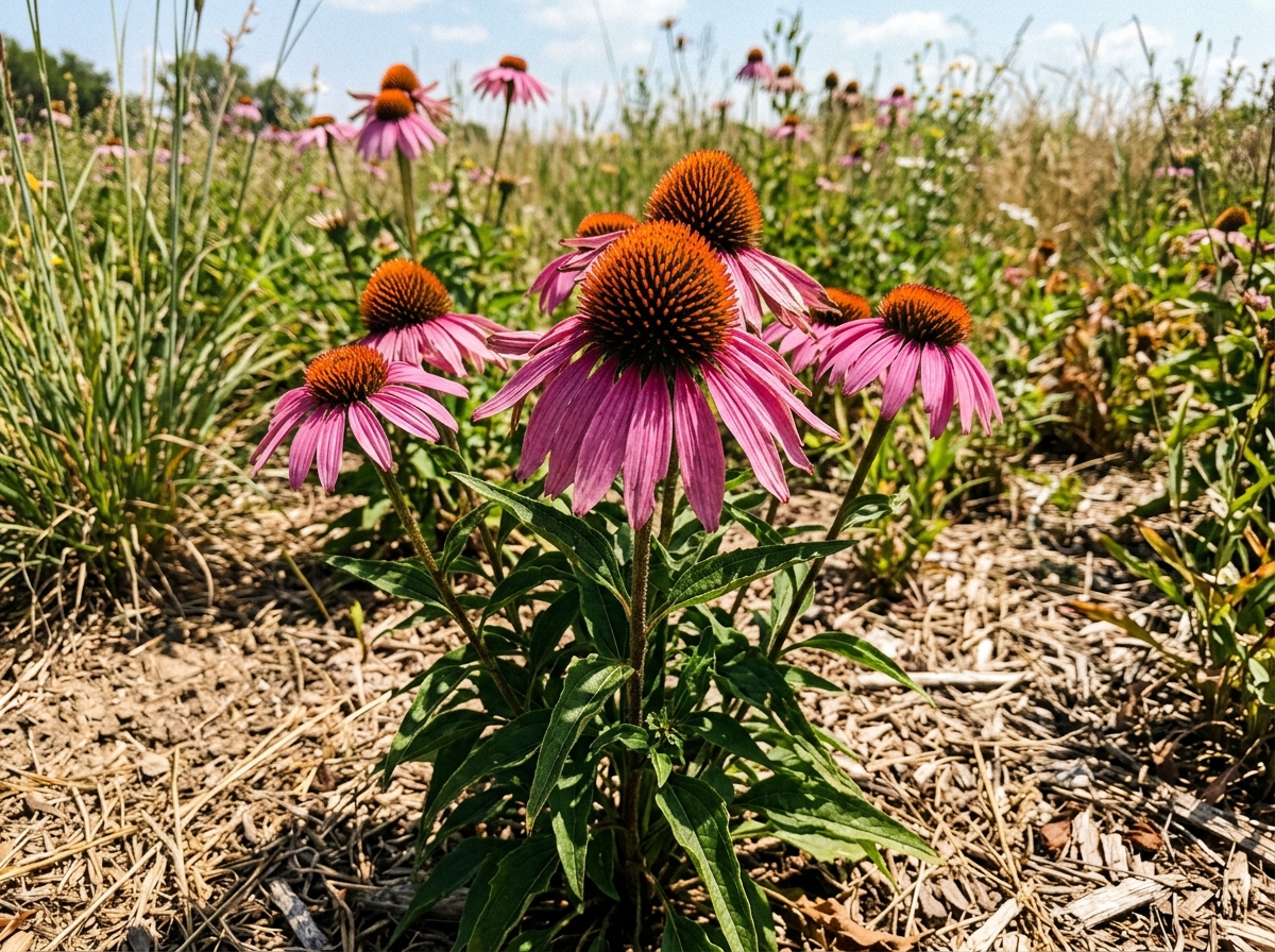 Purple Coneflowers Echinacea purpurea in dry prairie garden soil with prickly copper-orange cone and drooping pink petals