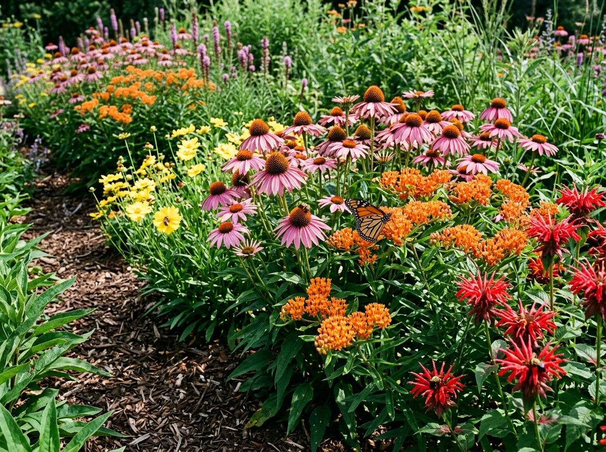 Full sun pollinator garden border with purple coneflowers, butterfly weed, bee balm, and active monarch butterfly in natural sunlight