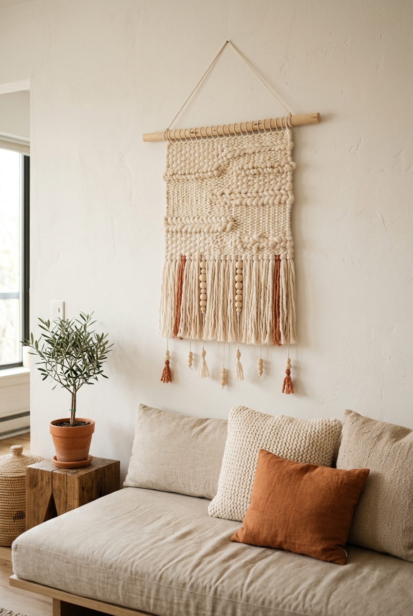 Modern bohemian DIY yarn wall hanging on a birch wooden dowel with chunky cream wool fringe and wood beads