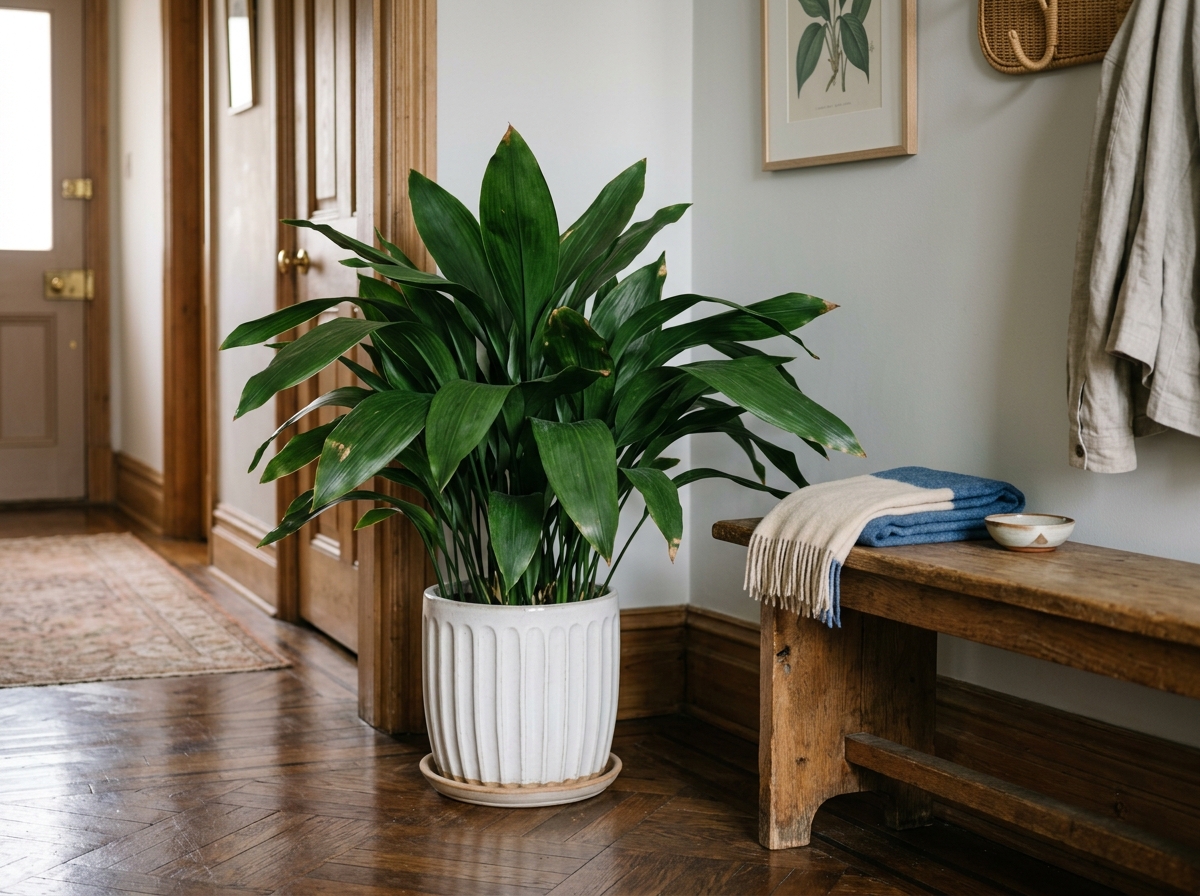 Cast Iron Plant with broad leathery deep green leaves in fluted white ceramic pot in vintage parquet hallway