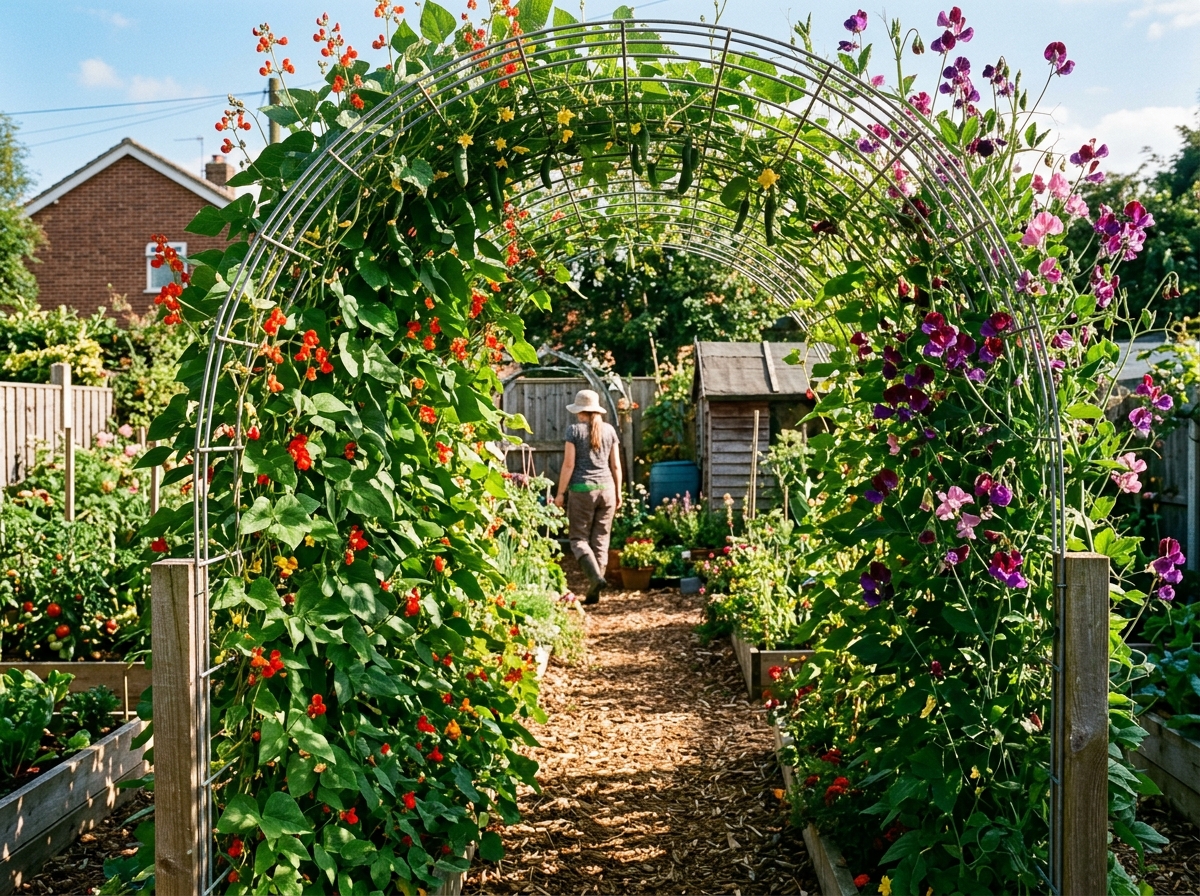 Galvanized cattle panel wire arch curved over backyard garden path densely covered with scarlet runner beans, purple sweet peas, and trailing cucumbers