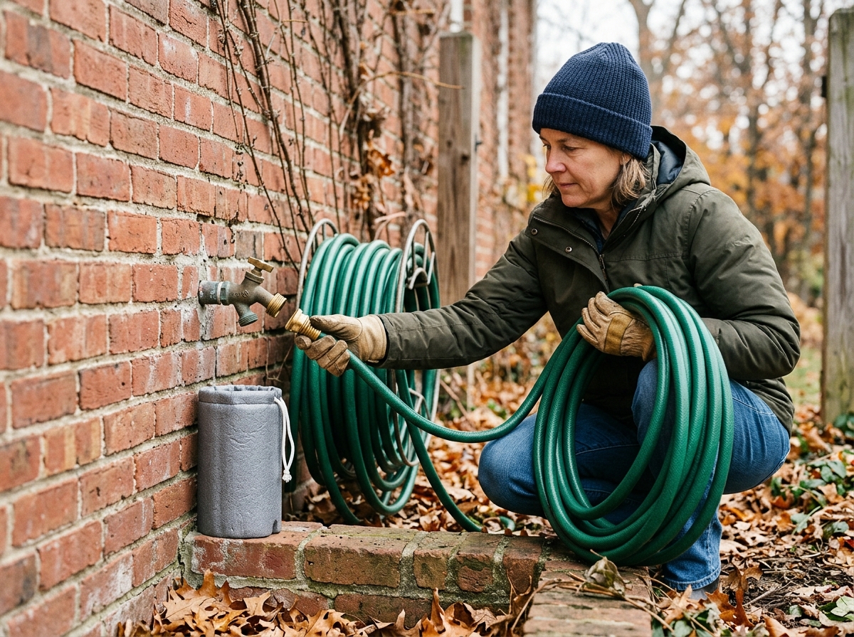 Gardener blowing out drip irrigation tubing and disconnecting brass hose fittings before freezing weather