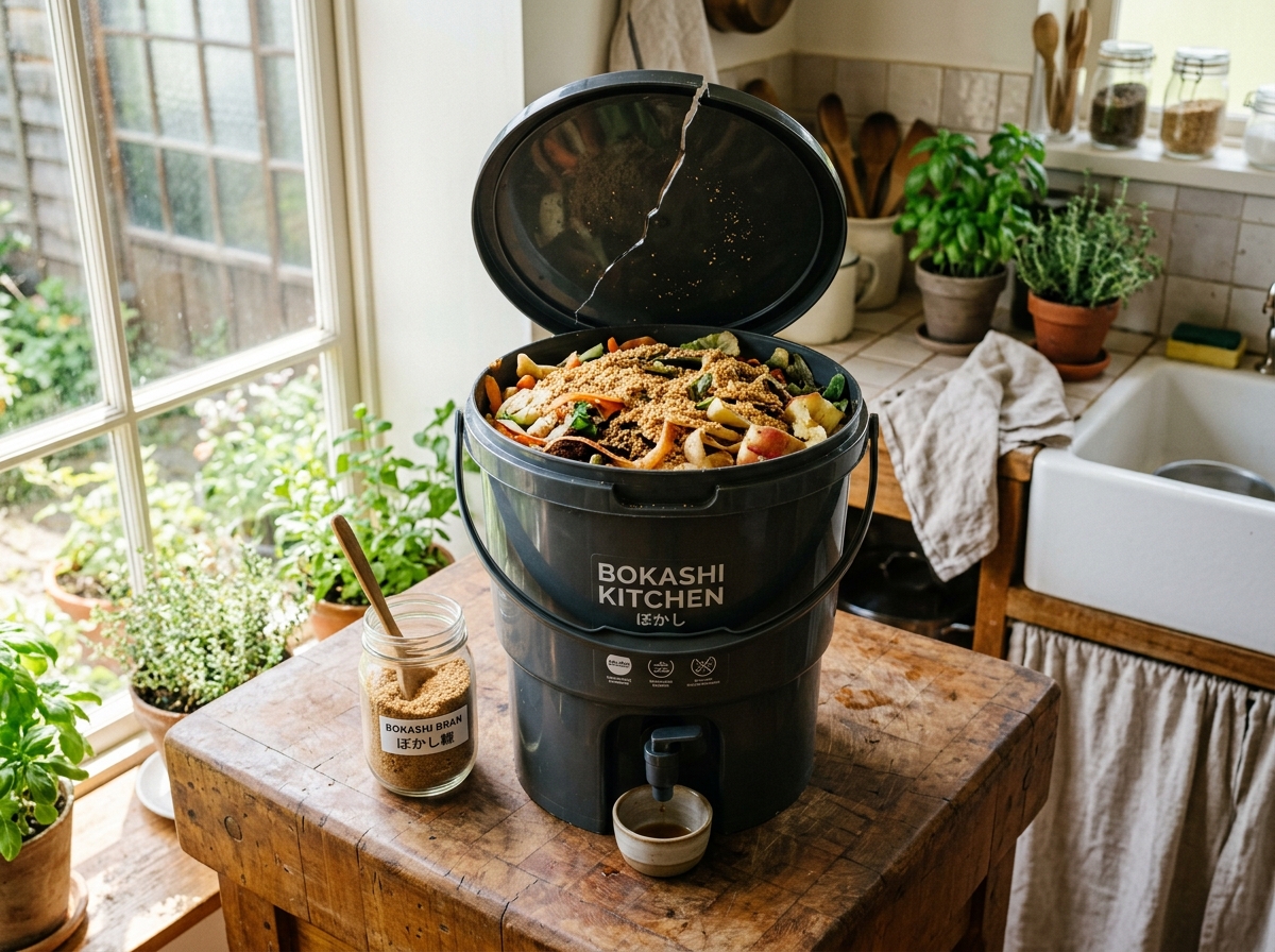 Japanese Bokashi indoor kitchen bucket on butcher block with fermented food scraps sprinkled with inoculated bran and drainage spigot