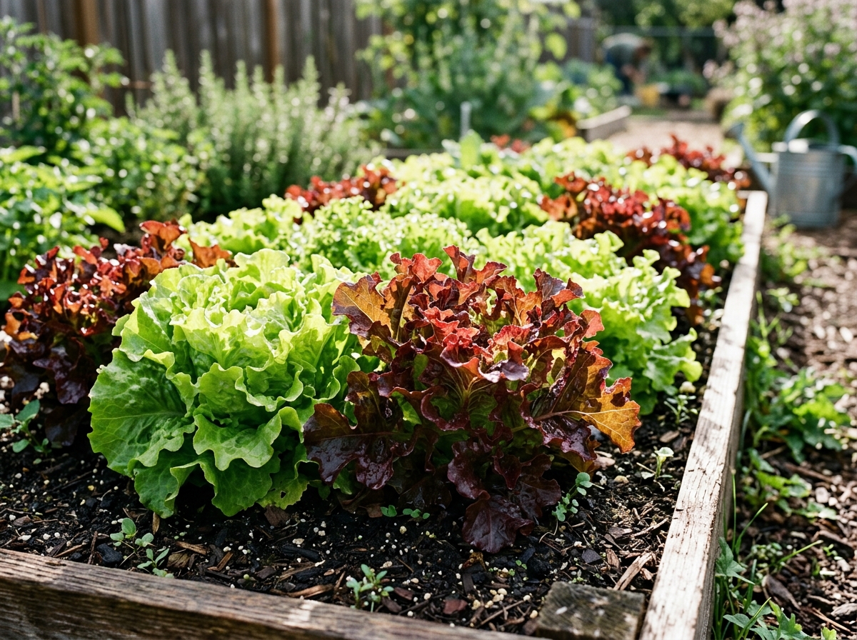 Neat garden bed of ruffled green butterhead and burgundy oakleaf looseleaf lettuce in rich humus soil