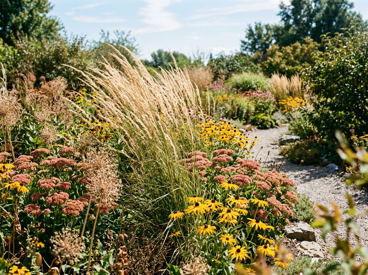 Modern naturalistic prairie garden in full sun with Karl Foerster feather reed grass, sedum autumn joy, and golden rudbeckia