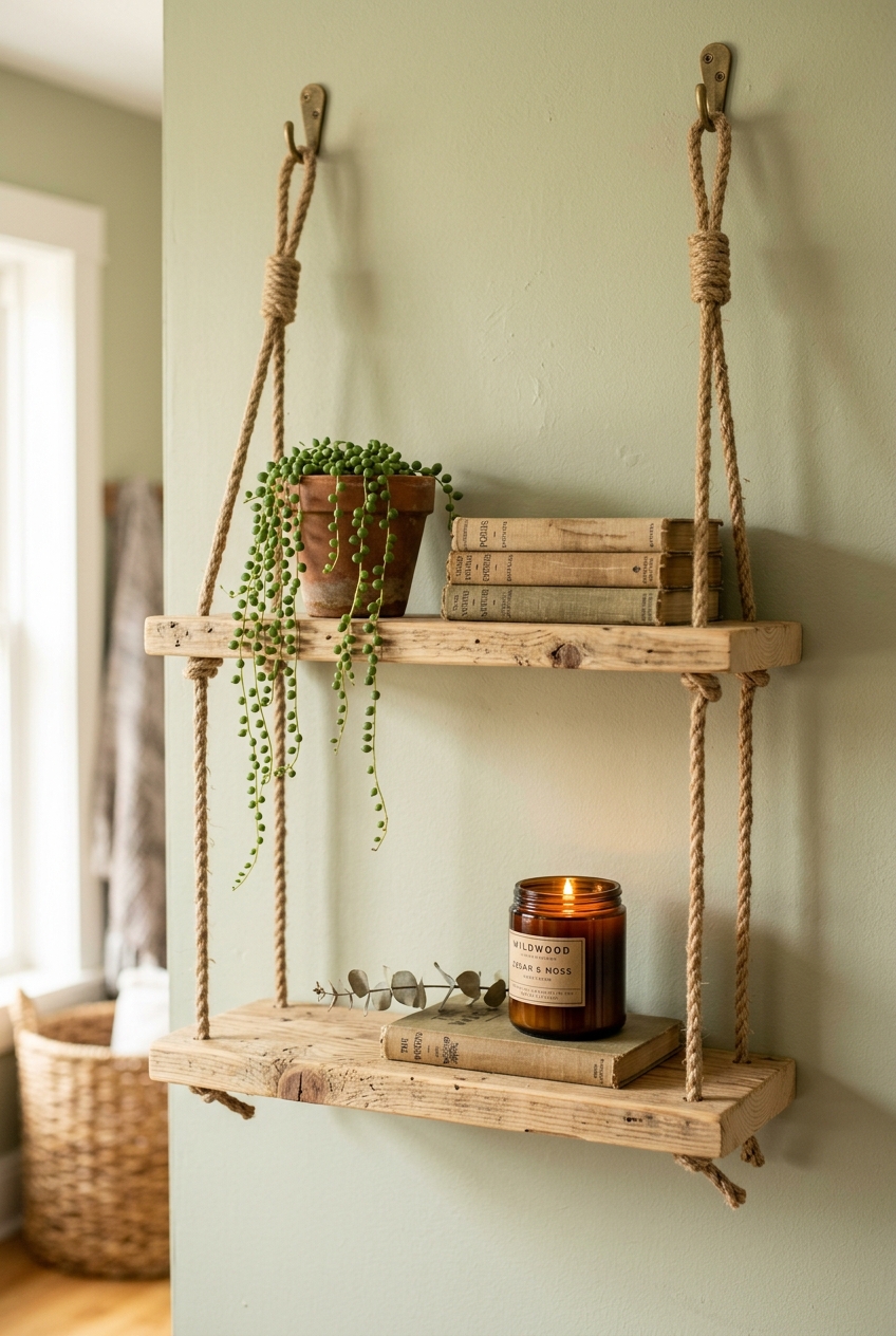 DIY rustic hanging rope swing shelves made from reclaimed pine wood and thick jute rope displaying trailing plants