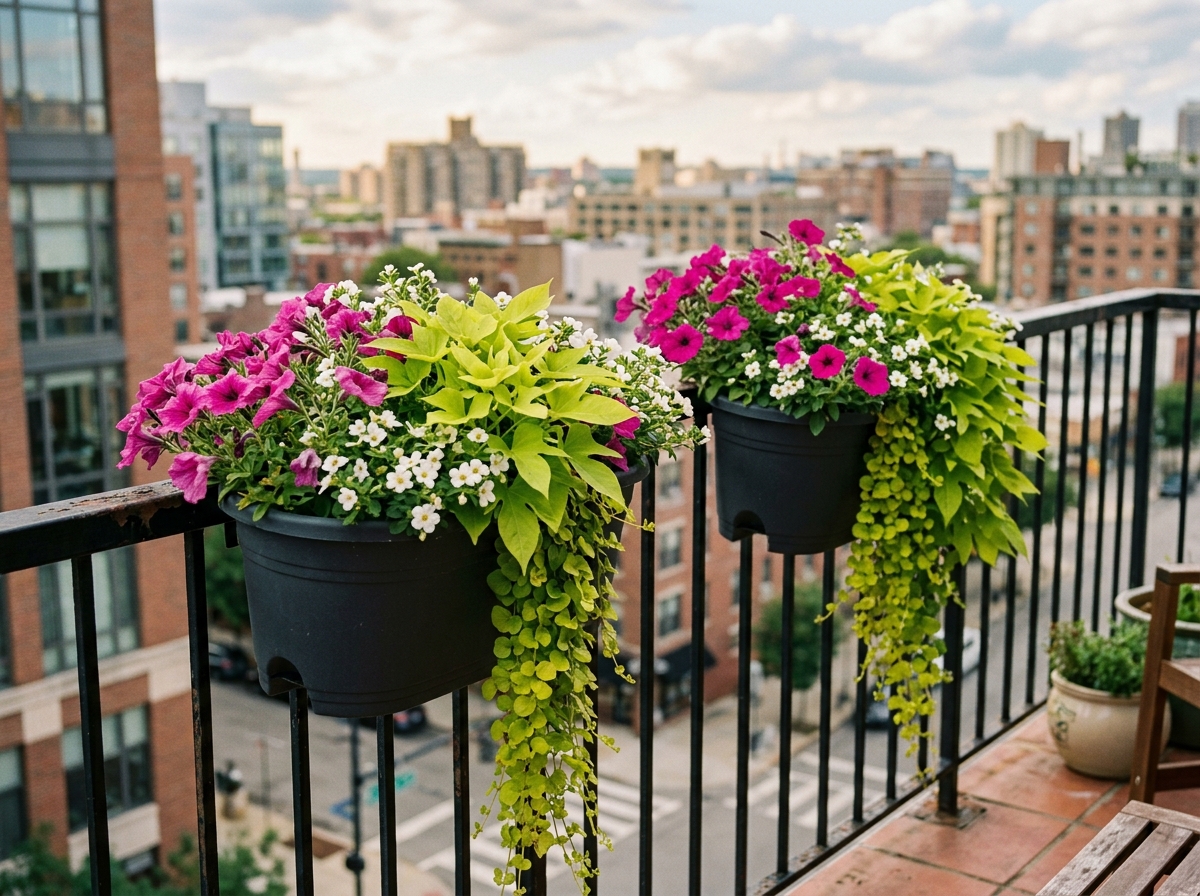 Self-watering balcony railing planter boxes overflowing with petunias and sweet potato vine