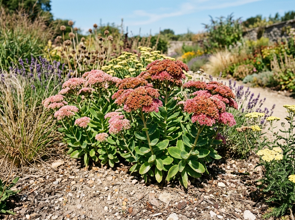 Stonecrop Sedum Autumn Joy with succulent jade-green leaves and large broccoli-like flower heads transitioning from pink to copper
