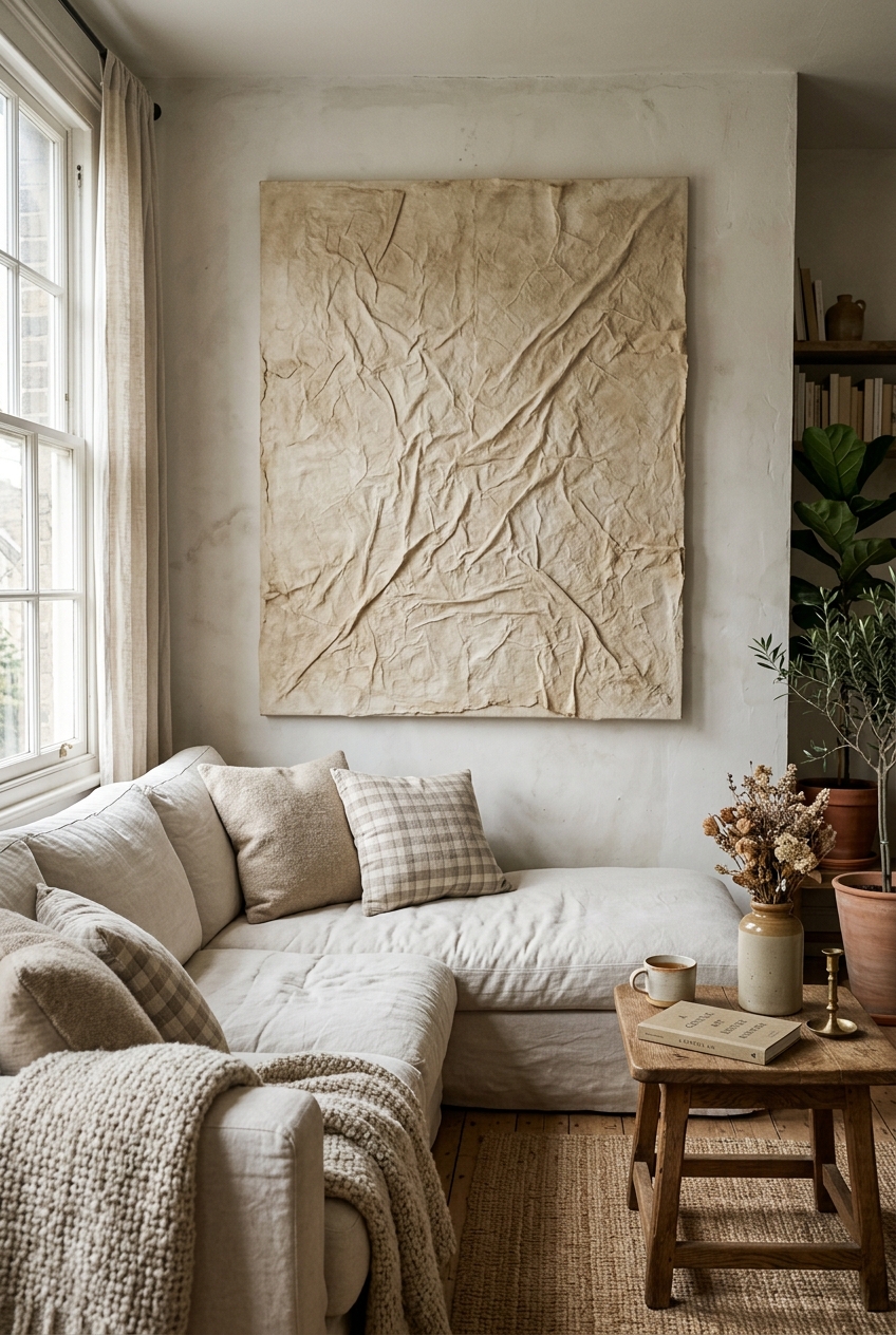 Large DIY wabi-sabi textured canvas made from crinkled tissue paper and glue wash in muted oat and linen beige tones