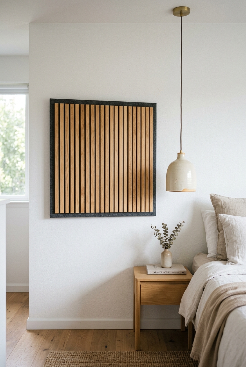 DIY floating square acoustic wood slat panel crafted from dark felt backing and vertical natural light oak veneer slats