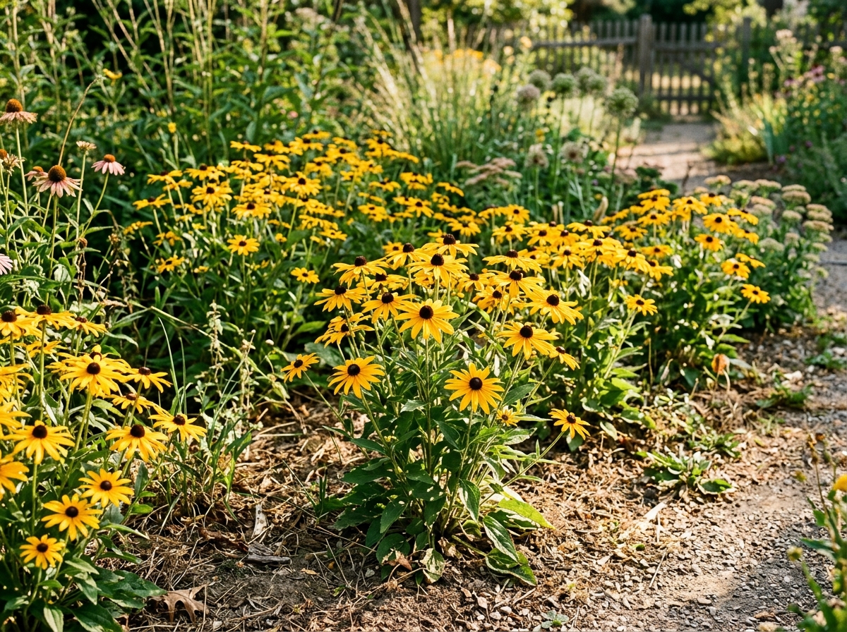 Vibrant Black-Eyed Susans Rudbeckia Goldsturm blooming in dry summer garden soil with golden-yellow petals and chocolate button center
