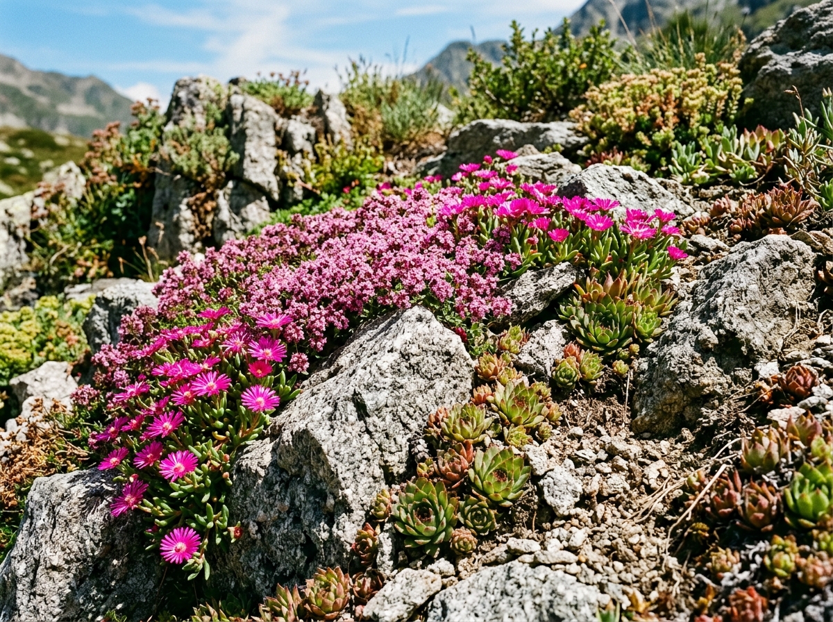 Sun-baked rockery garden with natural granite boulders, creeping pink thyme, hardy ice plant delosperma, and sempervivum