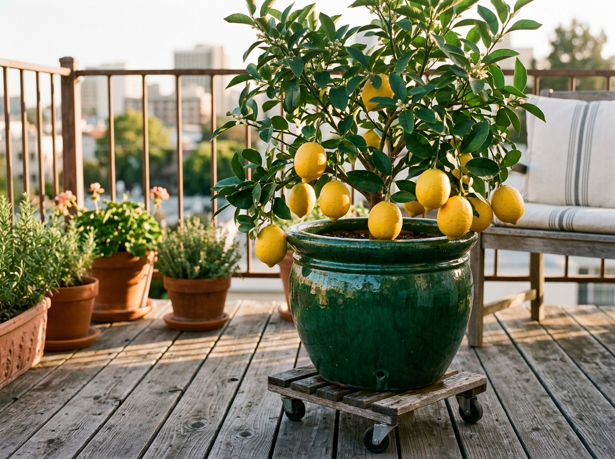 Dwarf Meyer lemon tree bearing ripe yellow lemons in glazed ceramic urn on wheeled caddy