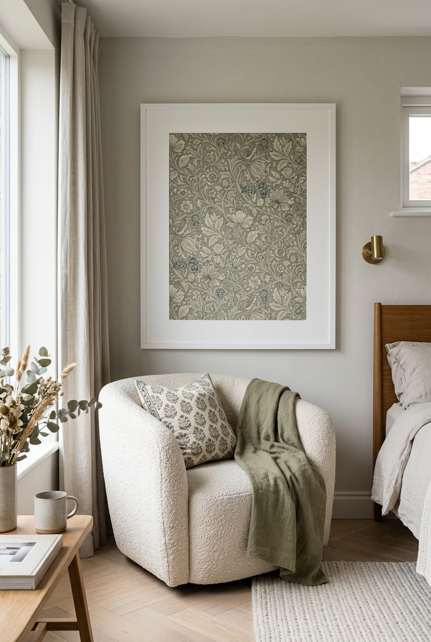 DIY framed designer wallpaper sample in a large white picture frame with wide mat border above a cozy boucle reading chair