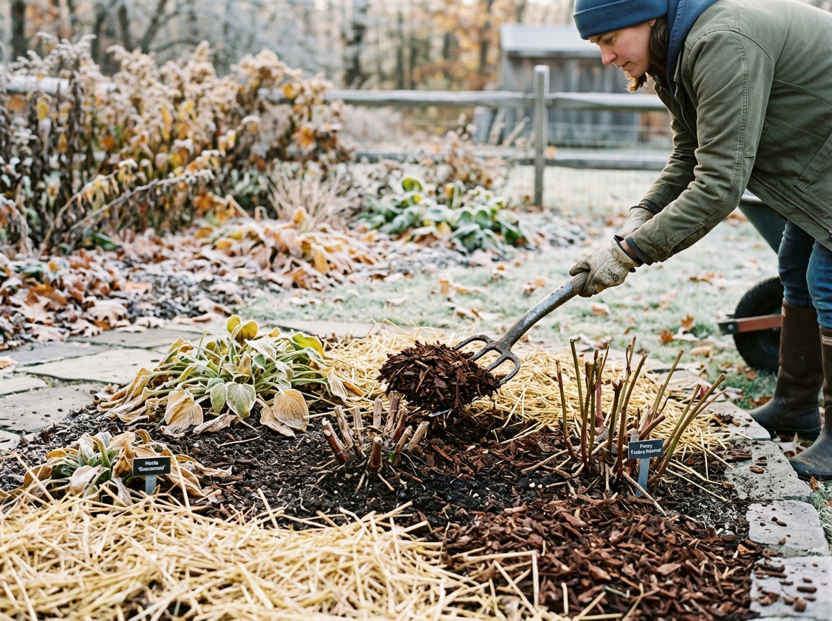 Straw and wood chip mulch mounded around tender perennial crowns in a frosty autumn garden bed