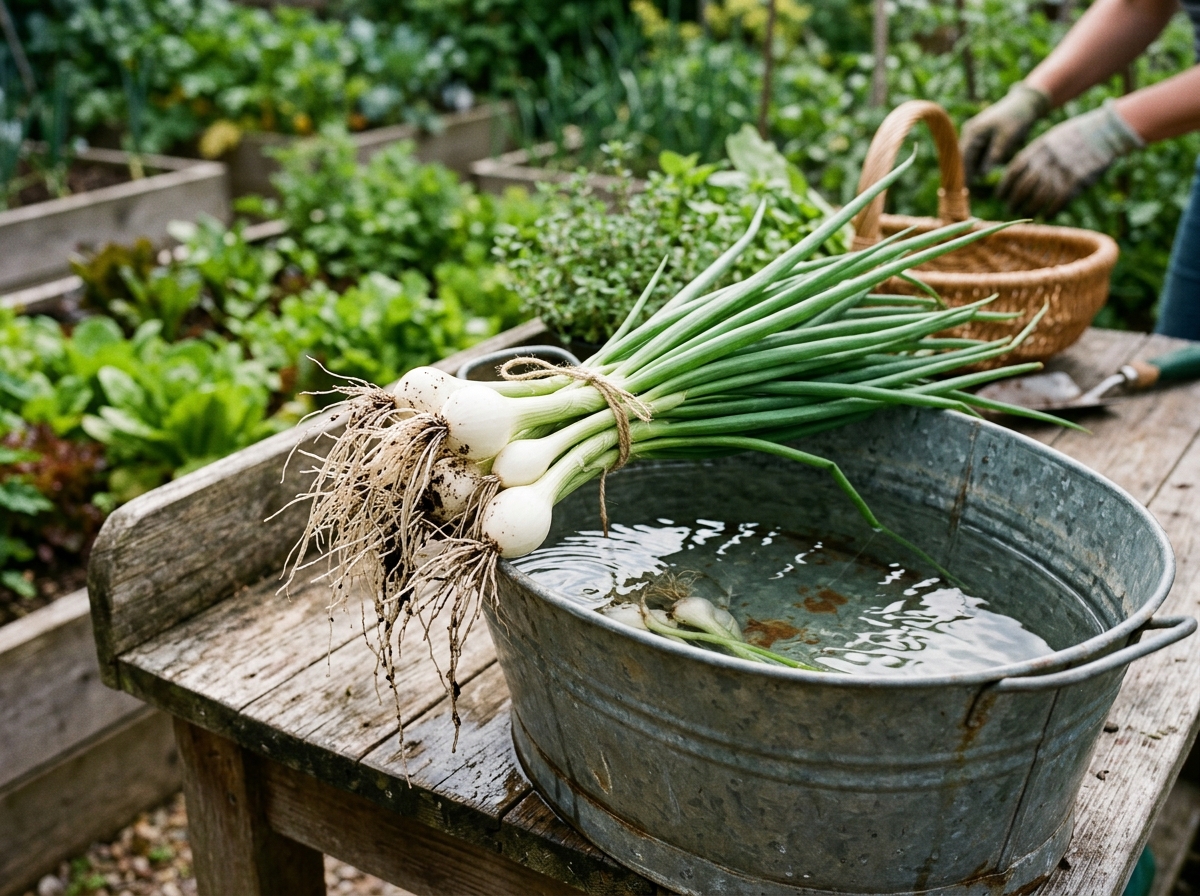 Freshly harvested green scallions with white bulb roots resting over galvanized wash basin of water